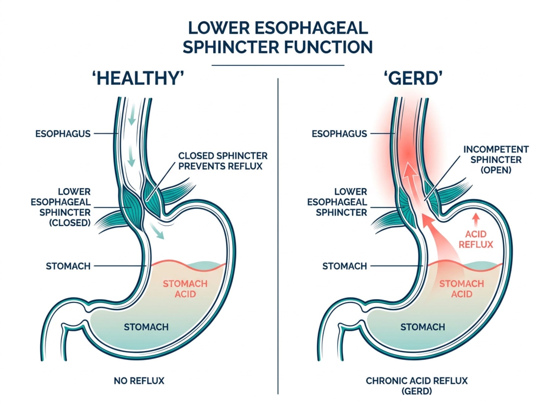 Side by side diagram of a healthy closed lower oesophageal sphincter versus a weakened one allowing acid reflux upward