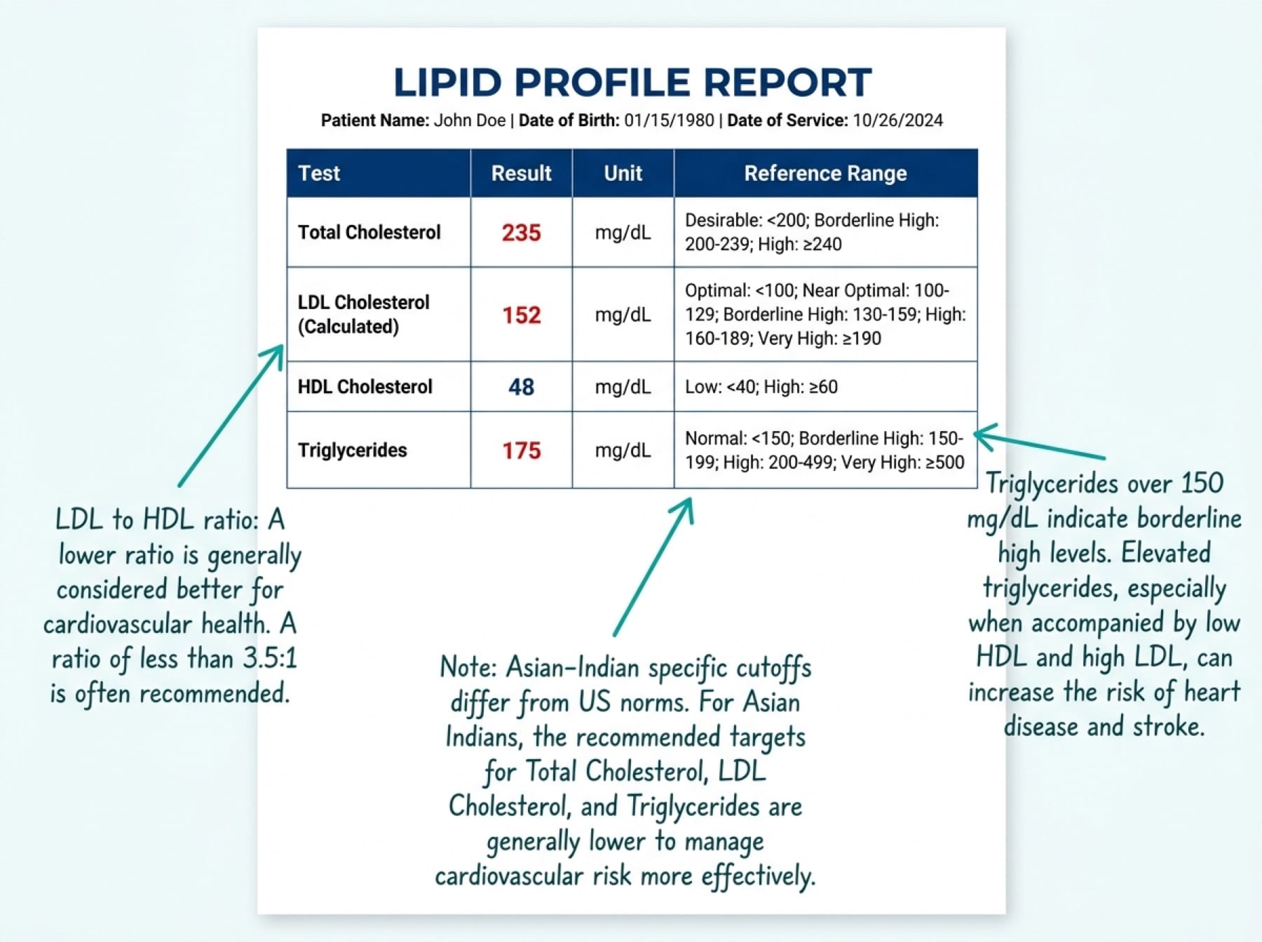 Annotated lipid profile explaining the LDL-HDL ratio and India-specific cholesterol cutoffs.
