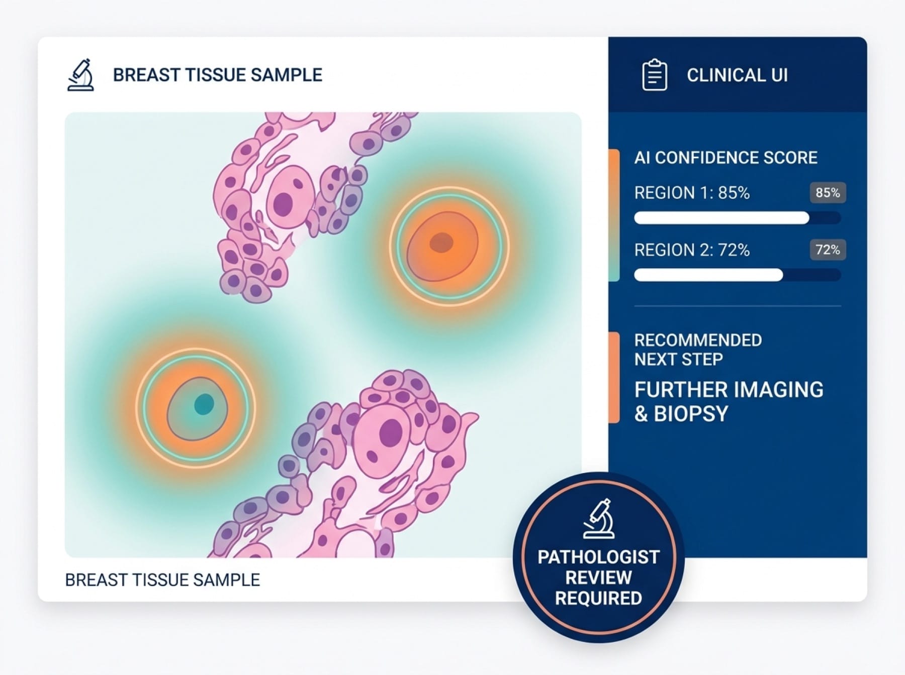 AI heat map overlay on a breast tissue histopathology slide flagging regions for pathologist review