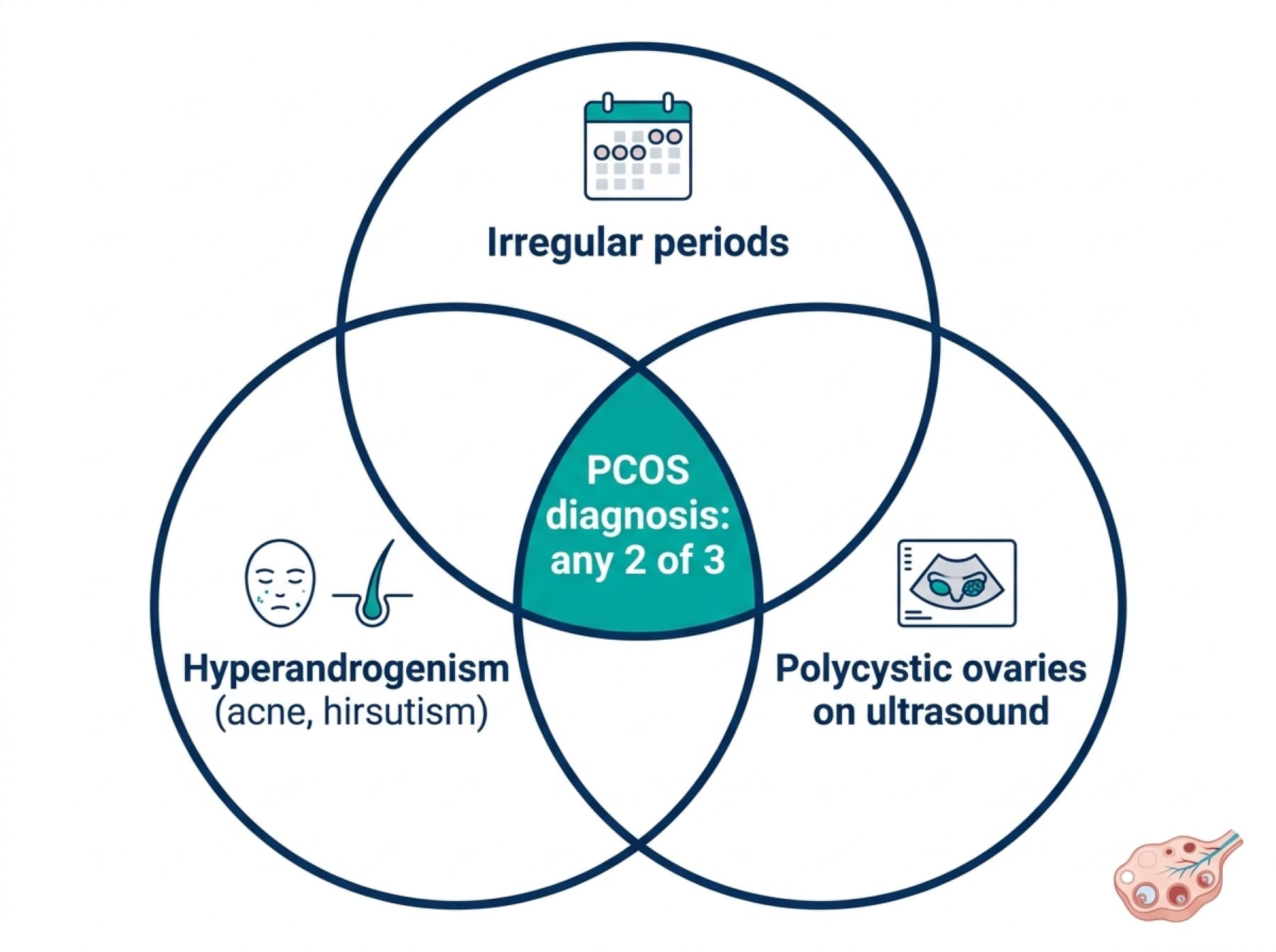 Venn diagram of the Rotterdam PCOS criteria: irregular periods, hyperandrogenism, and polycystic ovaries on ultrasound