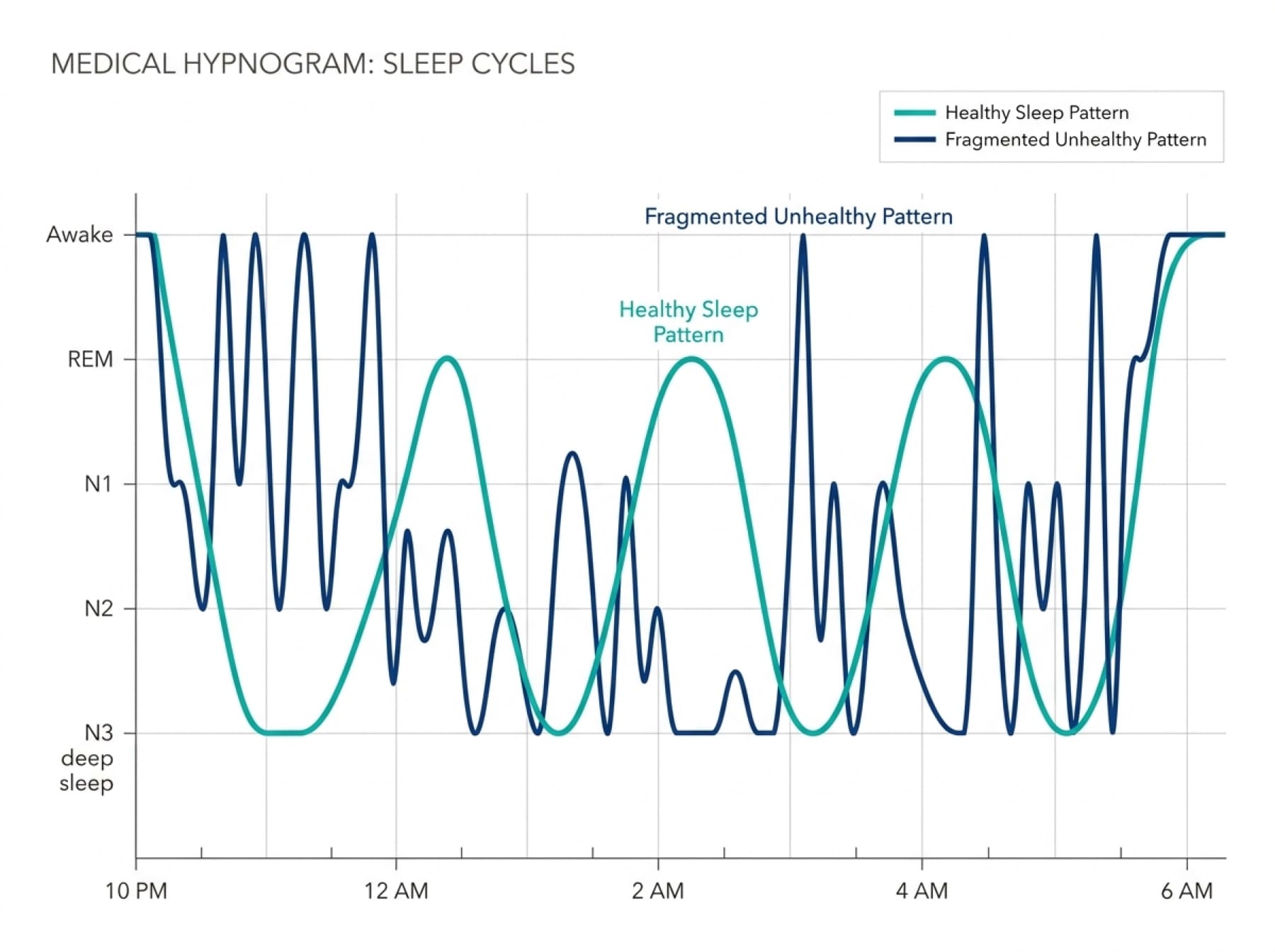 Hypnogram comparing a healthy overnight sleep cycle to a fragmented, apnoea disrupted pattern.