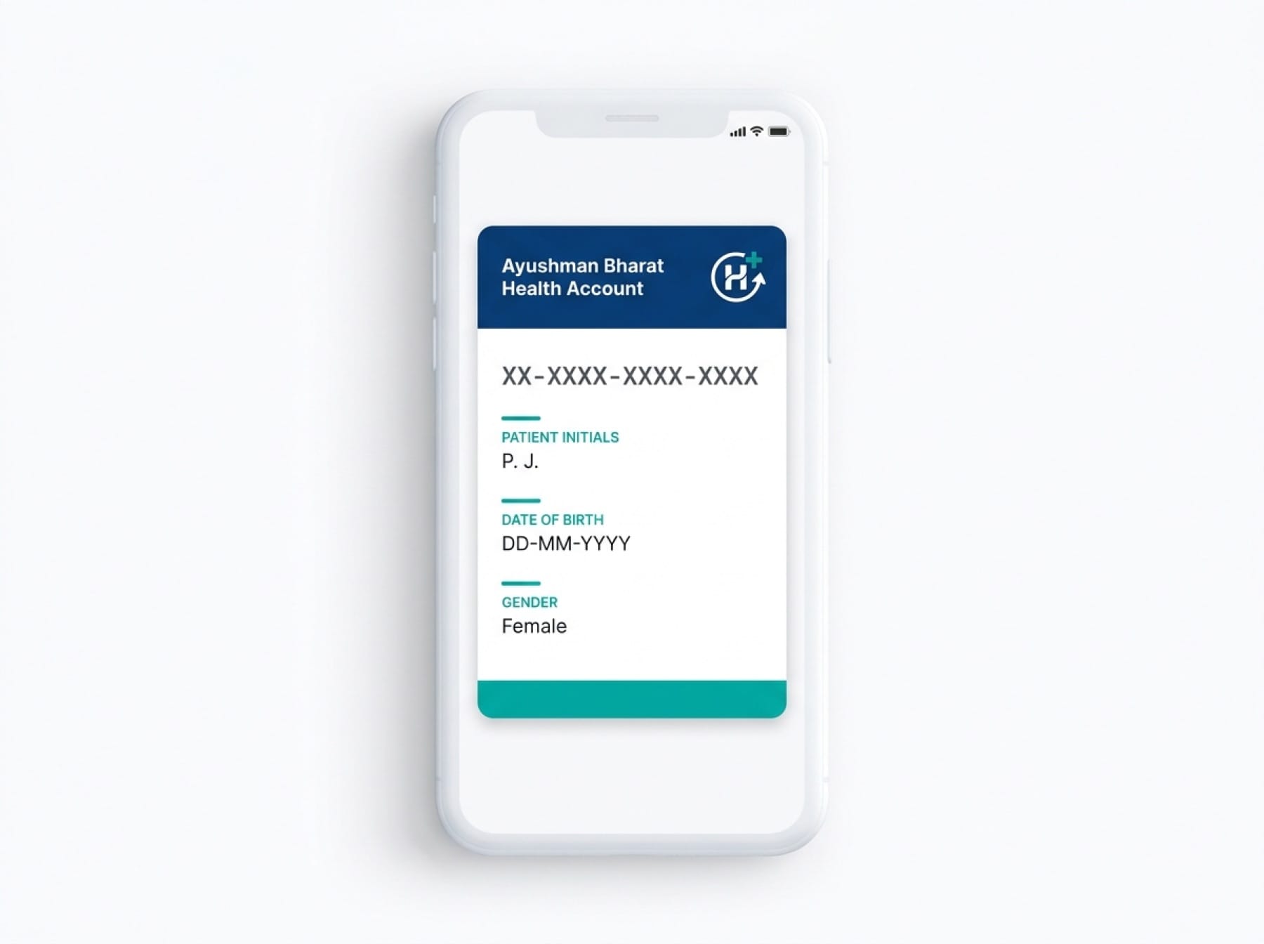 Mockup of a digital ABHA health card showing the masked 14-digit ID.
