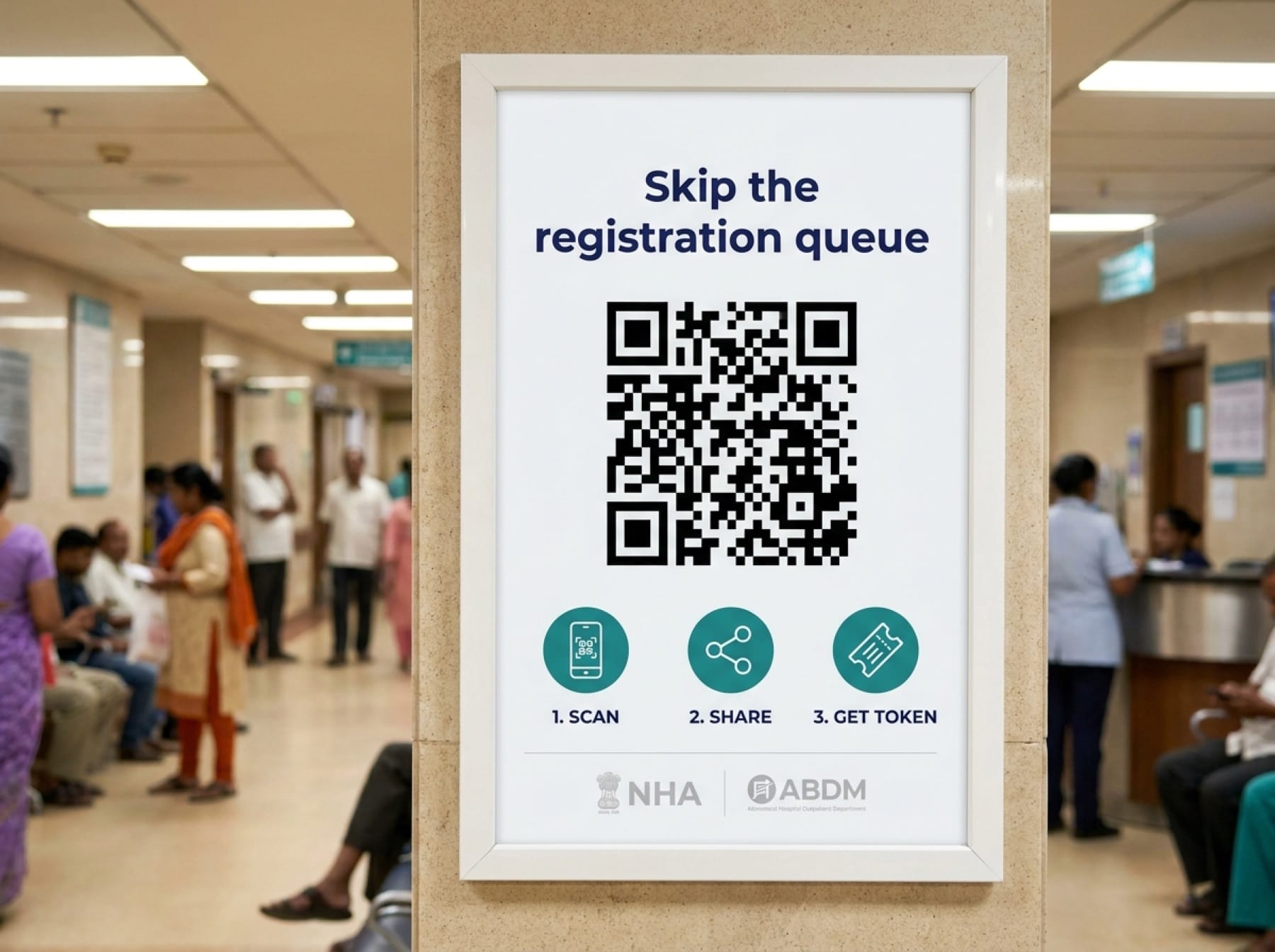 Clinic reception poster with a scan and share QR code to skip queues.