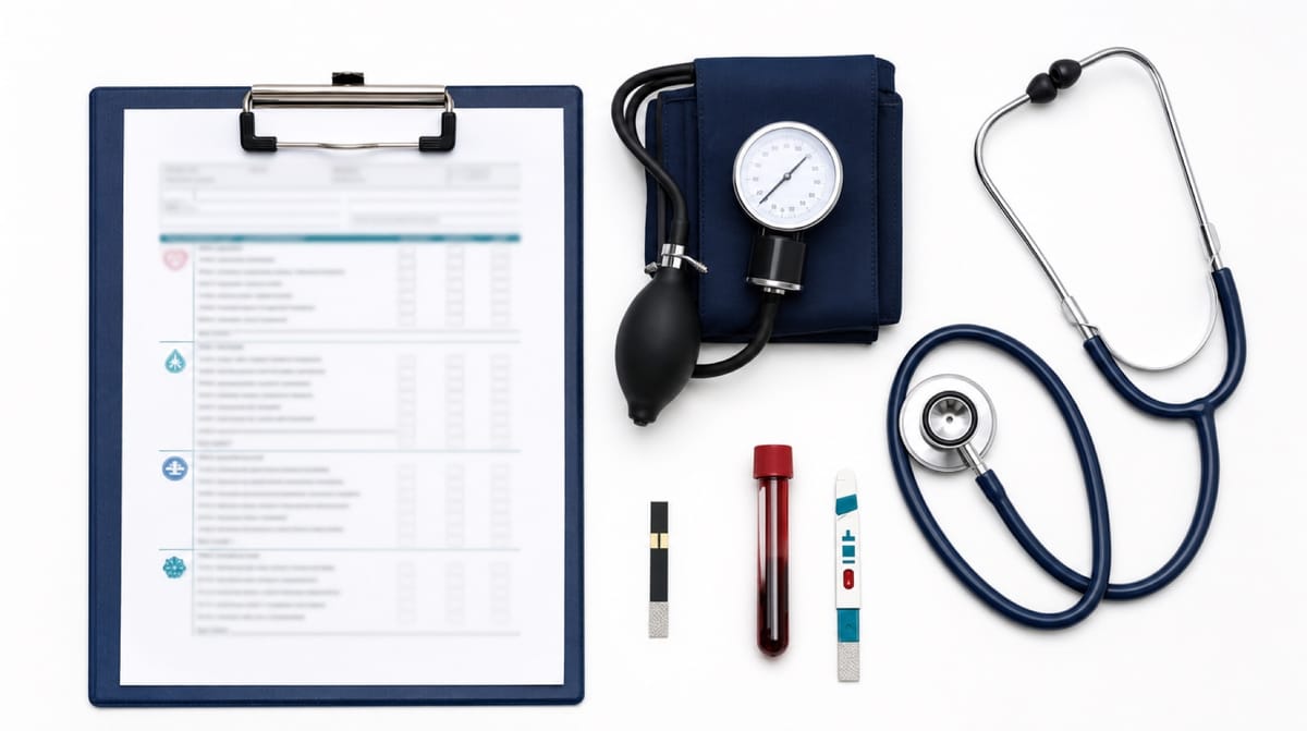 Indian adult in their 30s at a diagnostic lab receiving a health checkup, preventive healthcare India context