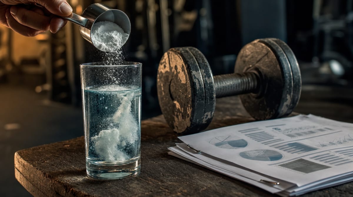 Indian gym-goer measuring a scoop of creatine monohydrate next to a labelled supplement tub.