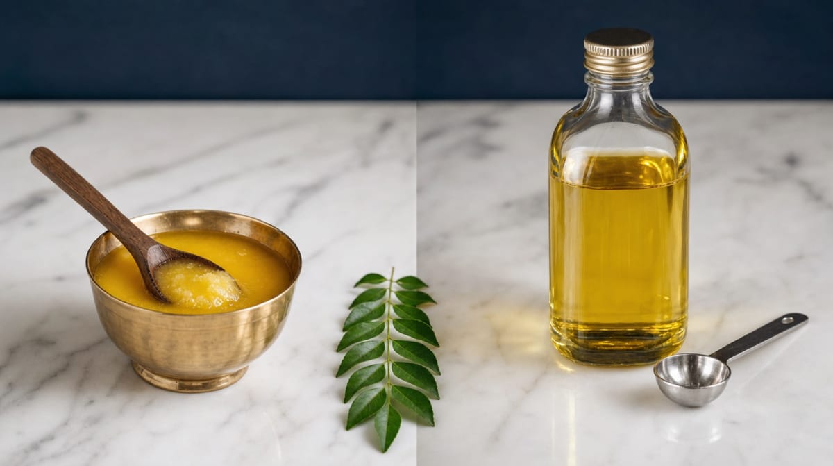 Ghee jar alongside sunflower and mustard seed oil bottles on an Indian kitchen counter, cooking oil India health context