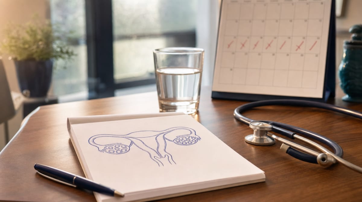 Indian woman in her twenties looking at a hormone panel lab report, with a pelvic ultrasound image on a tablet beside her.