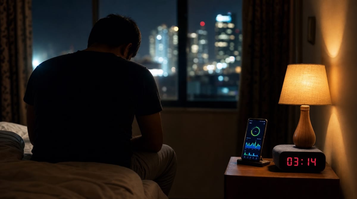 Indian adult lying awake at night in dim light, representing sleep deprivation as a public health issue in urban India