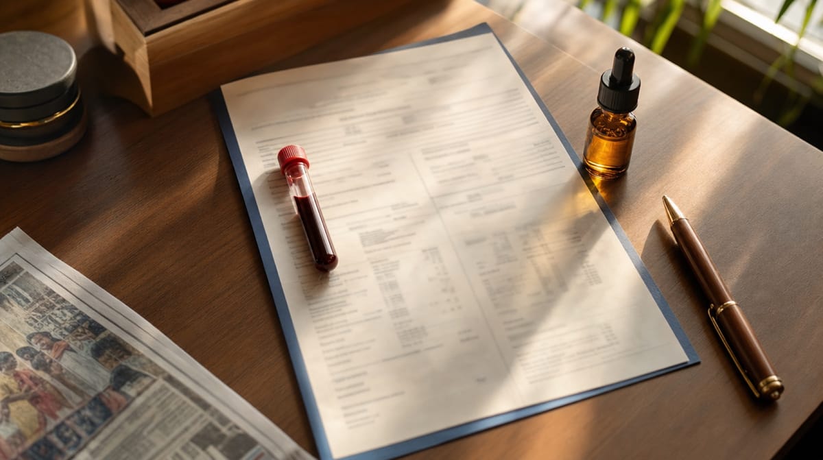 Indian woman taking a vitamin D supplement next to a serum 25(OH)D lab report, morning sunlight in an Indian home.