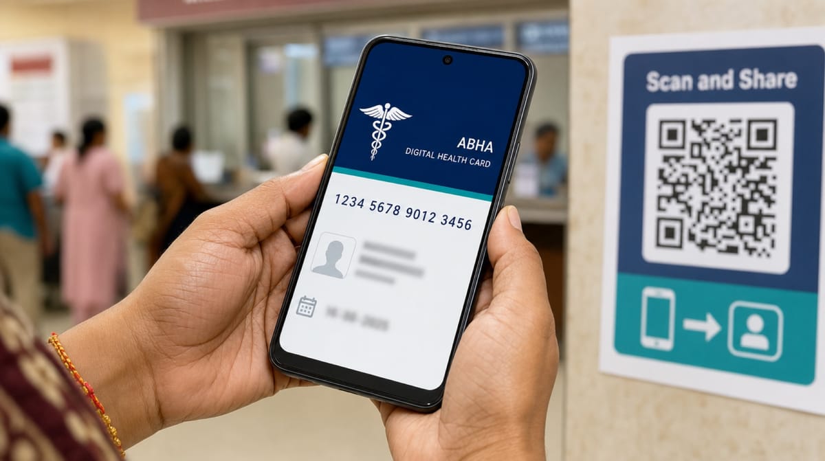 Indian patient and doctor reviewing ABHA-linked digital health records on a phone at an ABDM-registered clinic counter.