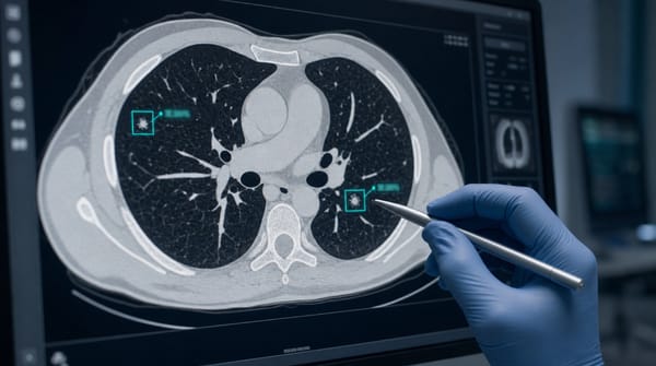 Indian radiologist reviewing AI-flagged CT scan on a hospital workstation, AI cancer detection deployment India context