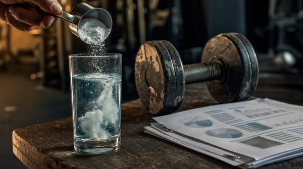 Indian gym-goer measuring a scoop of creatine monohydrate next to a labelled supplement tub.