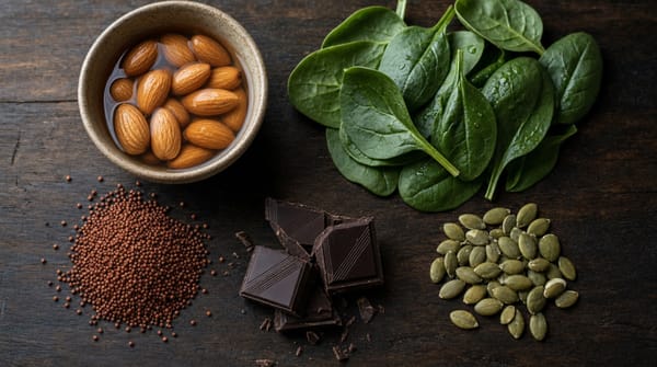 Indian foods high in magnesium including ragi, pumpkin seeds, spinach, rajma and almonds arranged for consumer health education